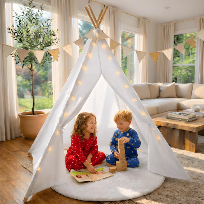 ZIVASKA White Kids Teepee Tent – Large Cotton Playhouse for Girls with Star Lights & Carry Bag
